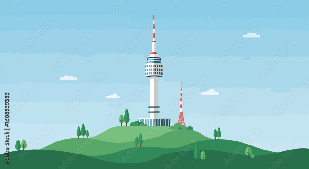 Obraz premium Iconic N Seoul Tower in Pixel Art on Green Landscape