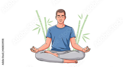 A flat vector illustration of a man in a meditative yoga pose with his eyes closed and hands in gyan mudra.