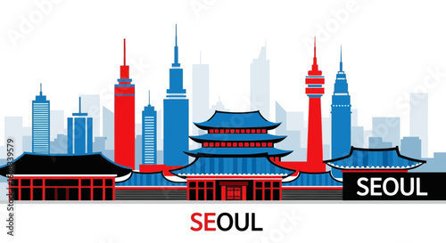 Pixelated Seoul Cityscape with Iconic Landmarks and Name