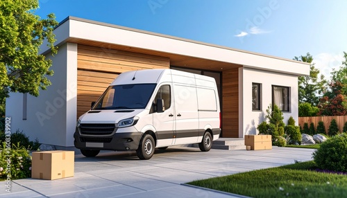 Delivering Dreams: A modern van sits ready to fulfill an order in front of a contemporary house, the embodiment of efficient transport and streamlined living.