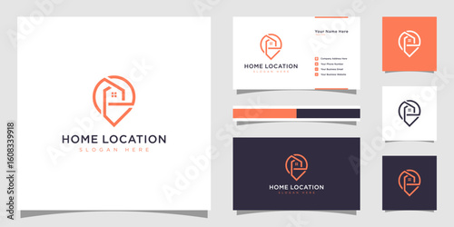 Home location with house and map marker logo and business card