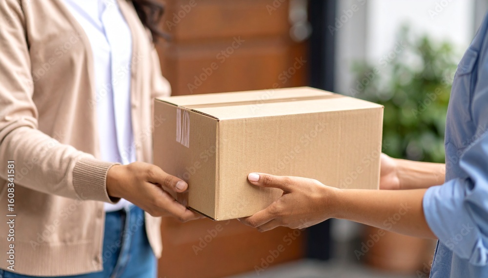Package Handover: A moment of connection as a person accepts a delivered package, the anticipation of what lies within, symbolizing the swift movement of goods Package Handover: A moment of connection as a person accepts a delivered package, the anticipation of what lies within, symbolizing the swift movement of goods