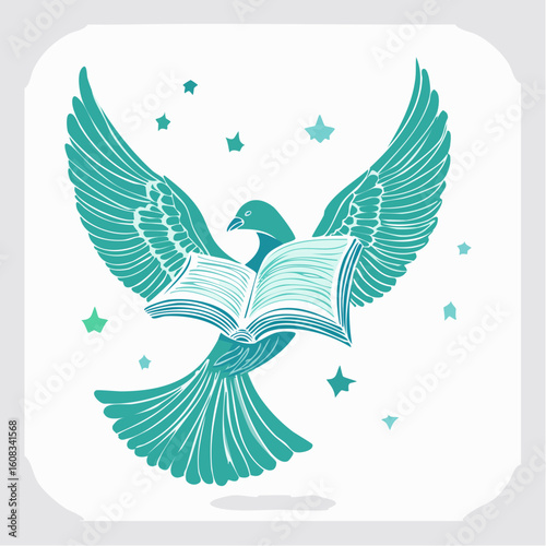 A stylized teal dove flies with spread wings, carrying an open book of knowledge and wisdom.