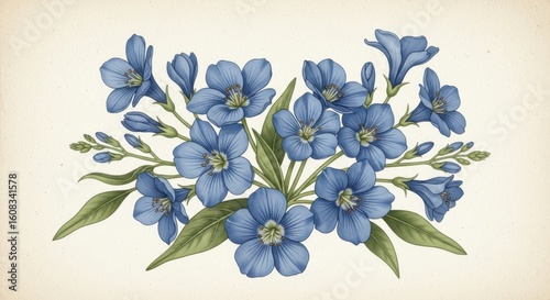A Gentle Cluster of Delicate Blue Flowers with Green Leaves and Buds