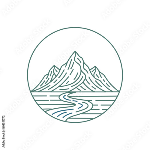 Line Art Mountain Landscape with Winding River in Circle Frame