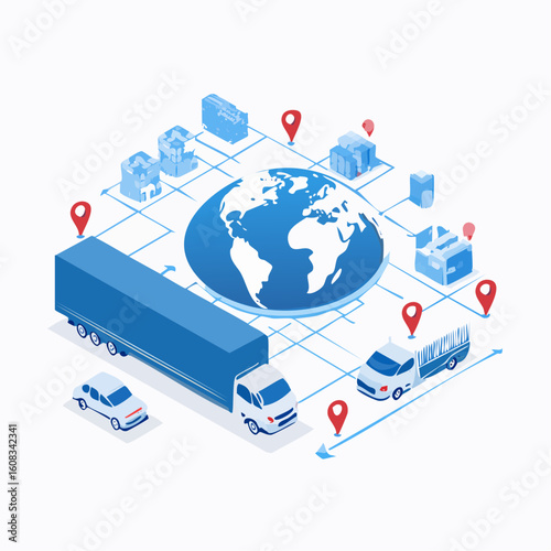 An isometric illustration of a global logistics network connecting trucks, warehouses, and packages around a central globe.