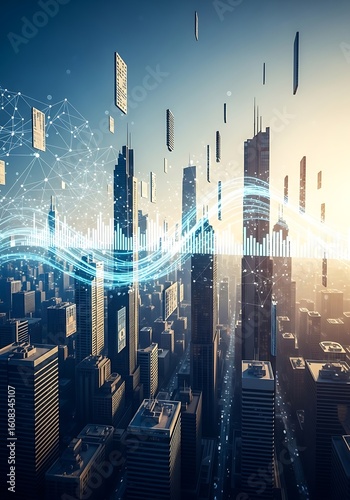 Futuristic city landscape with digital data overlay representing global connectivity and innovation