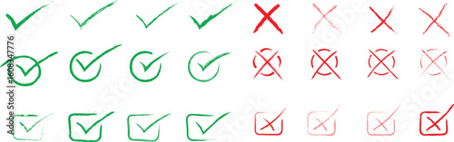 Hand-drawn check mark and cross icon set in green and red colors. Sketch style tick and cancel symbols for interface, form, checklist, or feedback UI design. Isolated vector collection.