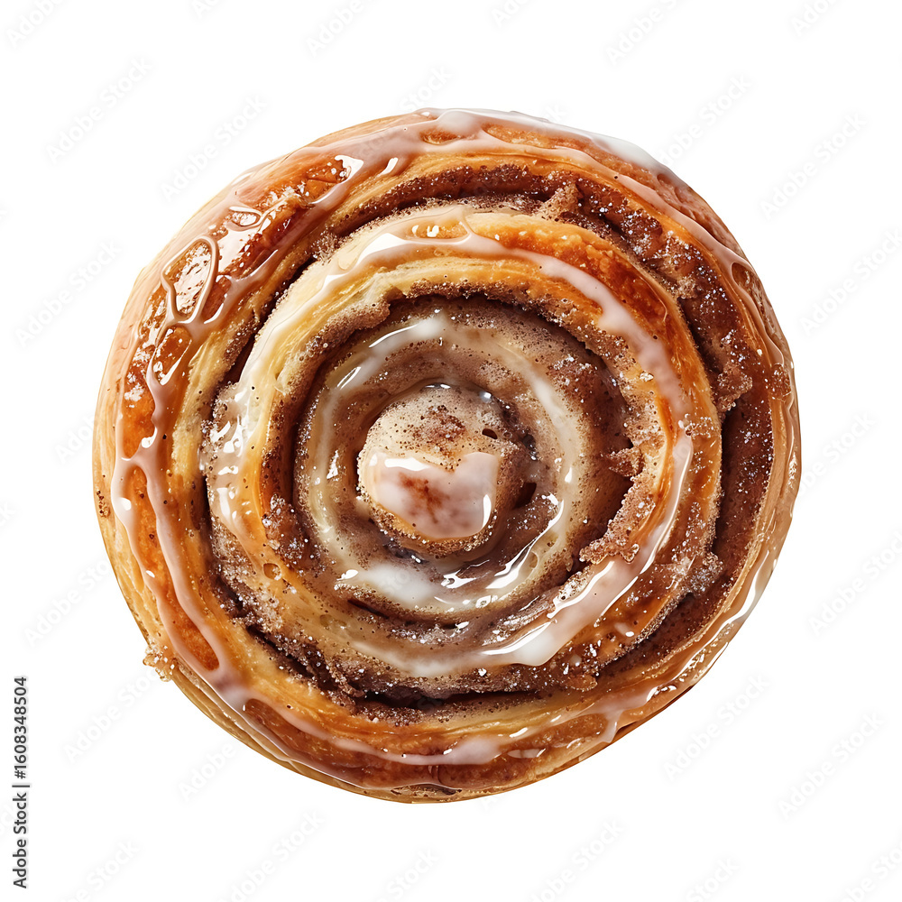 Fototapeta premium Top View of a Glazed Cinnamon Roll with Swirled Layers
