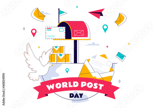 World Post Day Vector Illustration on October 9, Featuring a Red Mailbox Receiving Mail, Letters, and Parcels in a Flat Style Cartoon Background