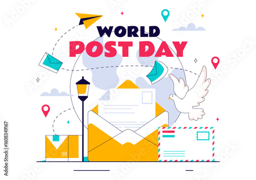 World Post Day Vector Illustration on October 9, Featuring a Red Mailbox Receiving Mail, Letters, and Parcels in a Flat Style Cartoon Background