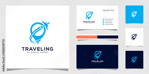 travel logo with pin shape concept illustration logo and business card , airplane company logo, traveling logo