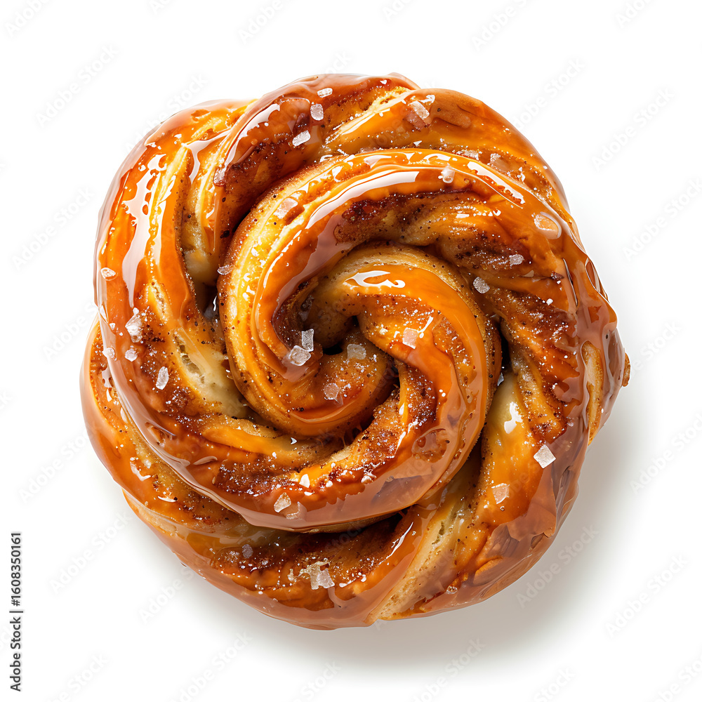 Fototapeta premium Golden Cinnamon Roll with Glaze and Sea Salt