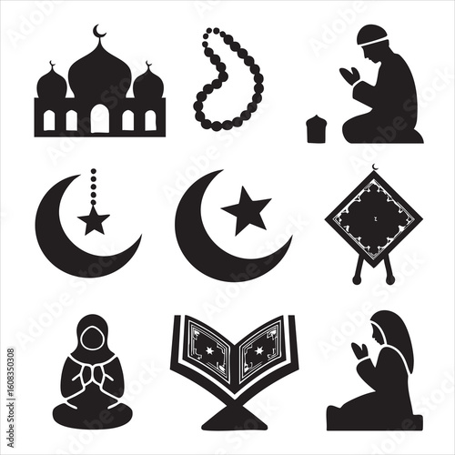 Collection of islamic symbols and figures in silhouette including mosque moon star prayer beads and quran