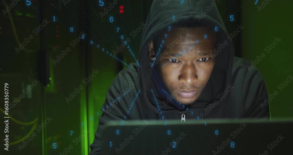Computer Guy Turning Man seated behind laptop turning head triggered by streaming numeric ...