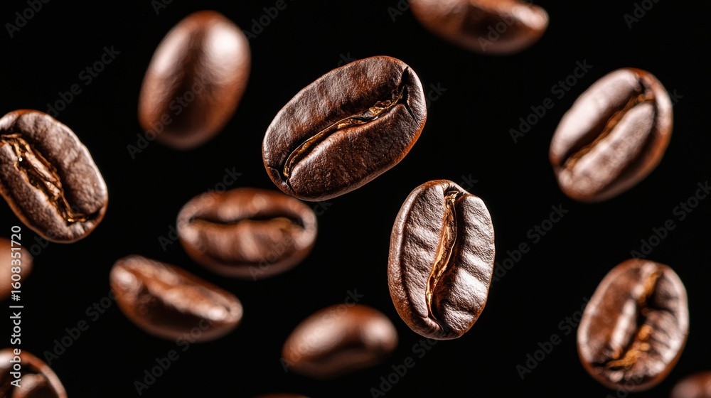 Fototapeta premium Floating coffee beans against a black background