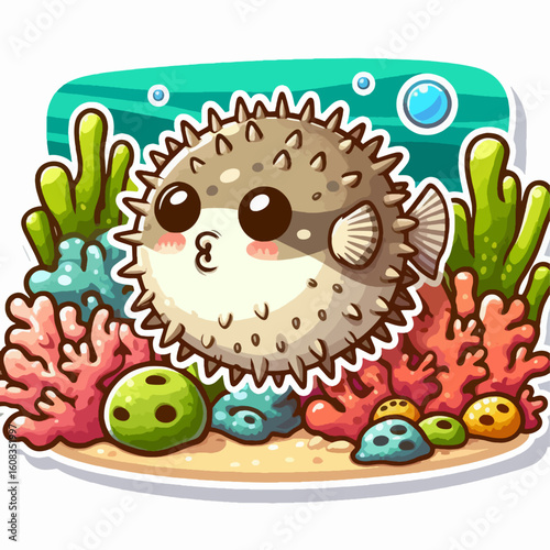 Whimsical, cartoonish representation of a pufferfish, positioned within a vibrant coral reef setting. The fish is depicted with exaggerated features and a cheerful expression.