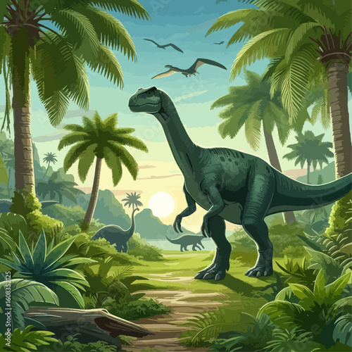 Digital illustration of a large dinosaur in a tropical, prehistoric landscape.  Palm trees and lush vegetation surround a well-defined path, leading to a horizon with other dinosaurs.