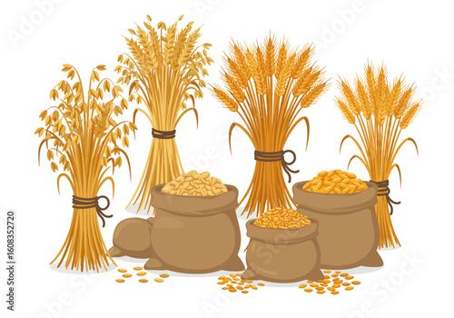 Bundles of wheat and grain sacks are shown