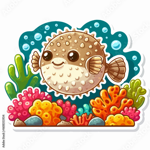 Stylized, cartoon representation of a pufferfish swimming amidst a coral reef and aquatic plants, featuring a cheerful expression.