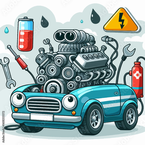 Lighthearted cartoon image of a vintage car with its engine exposed,  surrounded by tools and repair symbols.  It portrays vehicle maintenance and repair in a playful manner.