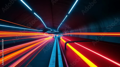 Vibrant light trails in a dark tunnel showcasing motion and speed, with blurred vehicles passing through