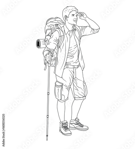 Line art illustration of a hiker with backpack and trekking poles