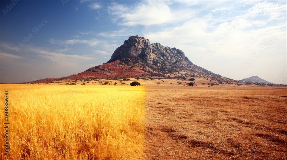 Fototapeta premium Golden field meets a rocky mountain range.