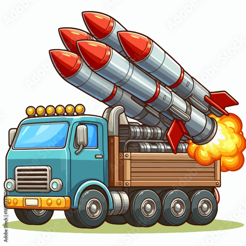 Cartoon illustration of a truck with multiple missiles attached to its cargo bed.  The missiles are in the process of launching, with visible flames.