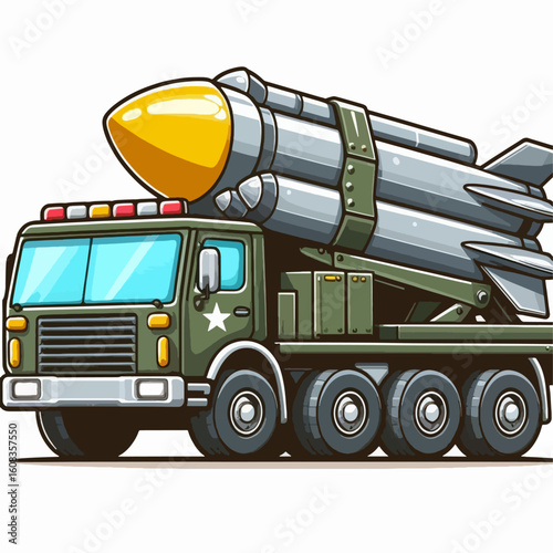 Cartoon graphic of a large military vehicle carrying a missile launcher.  The illustration is in a simple style and presents a striking visual of the vehicle.