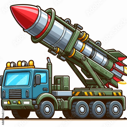 Cartoon illustration of a large military missile launcher mounted on a large truck.  The missile is pointed upwards, ready for launch.