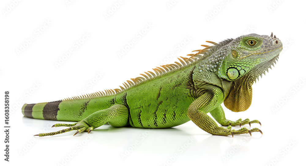 Fototapeta premium A green iguana resting on a clean white background. The reptile's vivid scales and detailed texture are clearly visible in this studio shot.