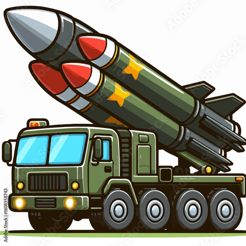 Cartoon illustration of a military truck equipped with a missile launcher,  depicting a powerful and mobile defense system.