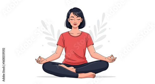 A flat vector illustration of a woman in a meditative yoga pose with her eyes closed and hands in gyan mudra.