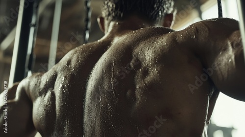Sweaty man with muscular back exercising