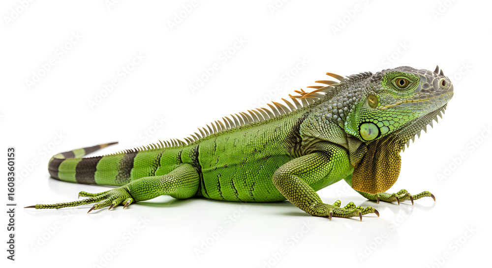 Fototapeta premium A green iguana resting on a clean white background. The reptile's vivid scales and detailed texture are clearly visible in this studio shot.