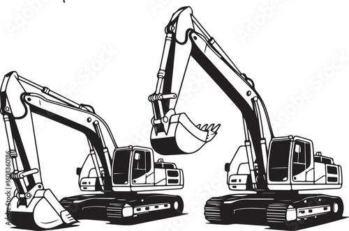 Excavator Construction Vehicle Line Art Set  Technical Outline of Heavy Equipment in Minimal Style