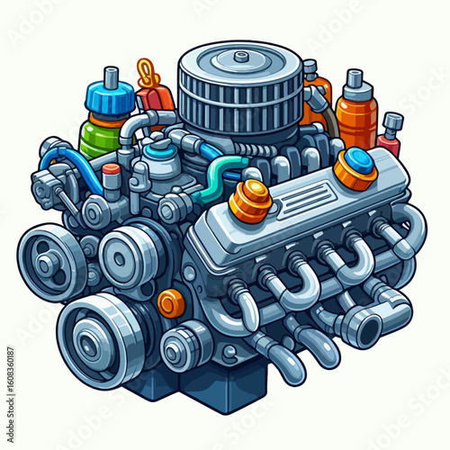 Vibrant and detailed cartoon drawing of a car engine, showcasing its complex internal mechanisms.