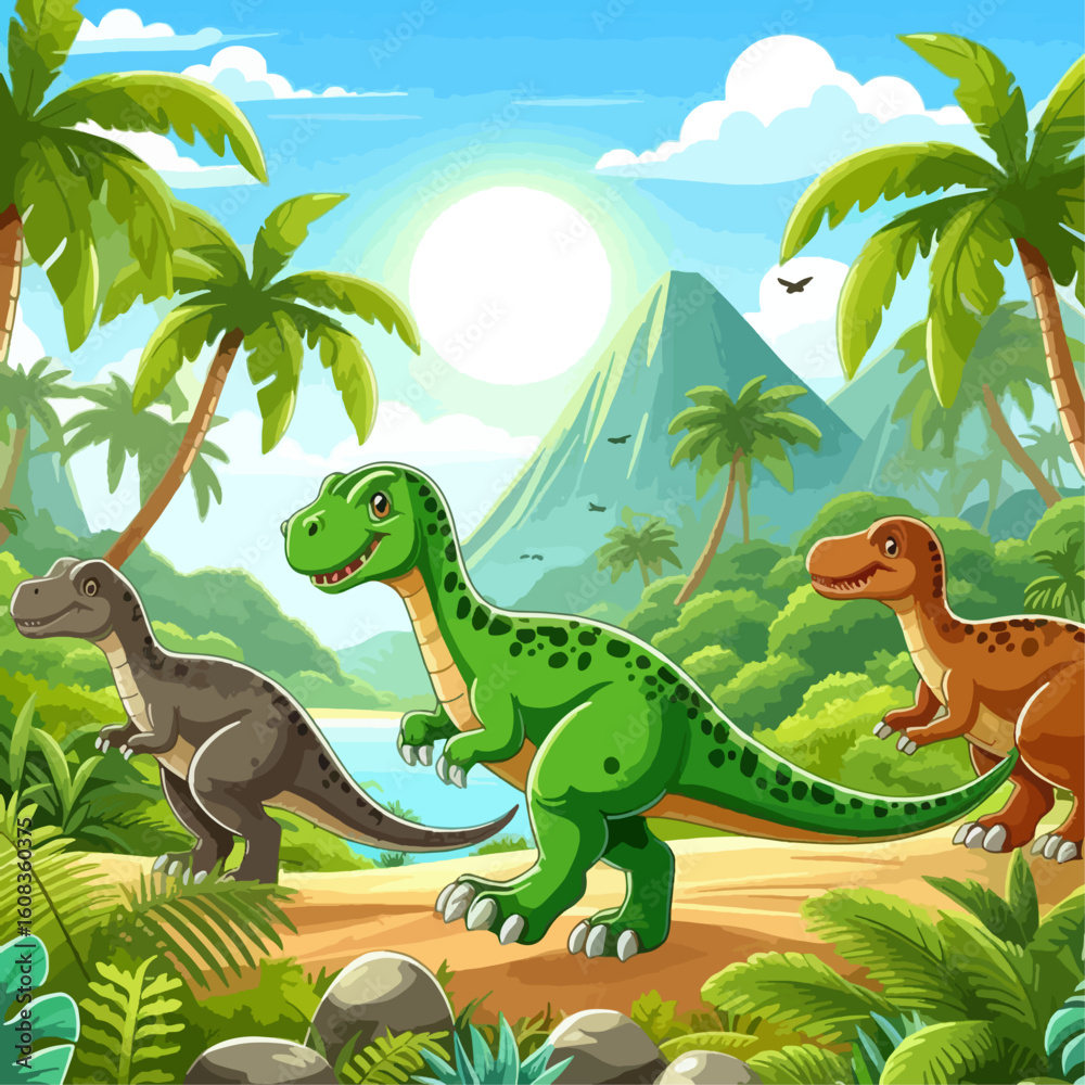 Naklejka premium Vibrant illustration of three friendly cartoon dinosaurs amidst a lush prehistoric jungle, near a river and volcano.
