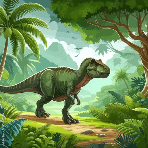 Digitally rendered image of a Tyrannosaurus Rex strolling through a dense tropical jungle. Lush greenery and towering trees surround the prehistoric creature.
