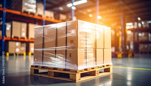 Stacked cardboard boxes on a wooden pallet inside a warehouse.  Warehouse interior with high shelves,  boxes wrapped in plastic.  Sunlight highlights the goods