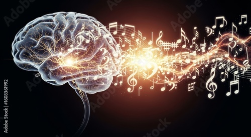Conceptual illustration of a human brain stimulated by music, representing cognitive function and creativity.