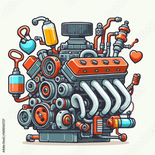 Whimsical and detailed depiction of an engine, showcasing its internal components in a vibrant color scheme.  The illustration features a stylized and colorful design.