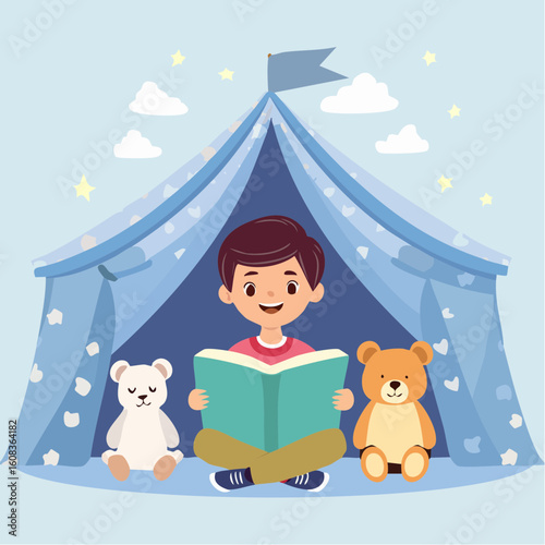 A smiling boy reads a book with two teddy bears in front of a blue play tent under a starry sky.