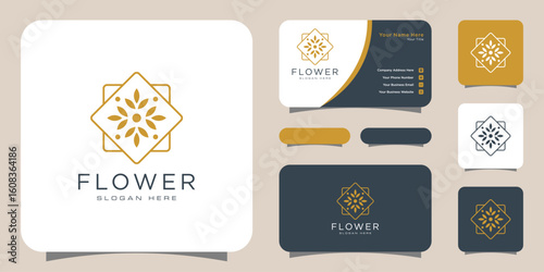 Flower mono line luxury logo with business card design