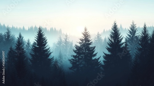 Calm evening scene with misty forest at dusk. Silhouette of trees in the sunlight and shadow against a pale blue sky.