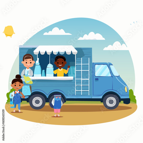 Diverse children happily operating a mobile business from a blue truck on a sunny day.