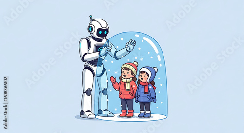 An illustration of a friendly white robot standing with a boy and girl, symbolizing future education.