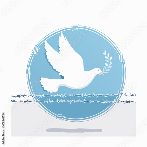 A symbolic white dove of peace holding an olive branch flies within a blue circle over barbed wire.