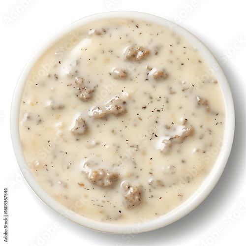A bowl of creamy sausage gravy with visible chunks and black pepper seasoning